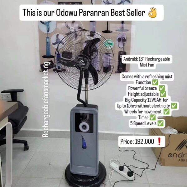 Andrakk 18” Rechargeable Mist Fan for Sale in Lagos – Up to 15 Hours Backup | Inverter & Solar Compatible