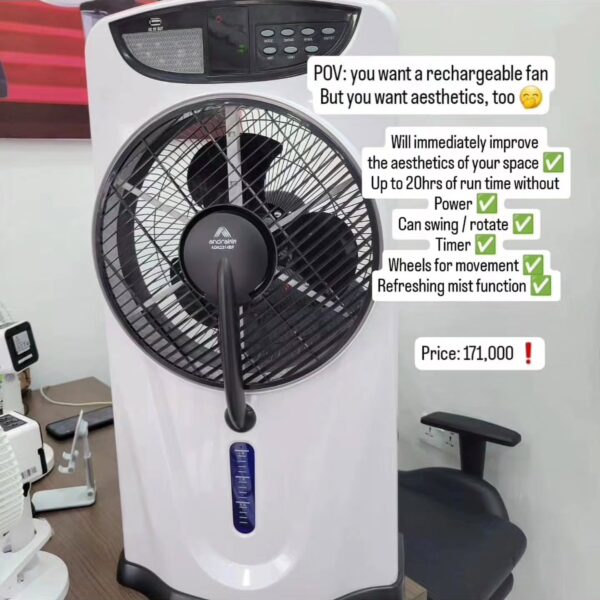 Andrakk 18” Rechargeable Mist Fan for Sale in Lagos – Up to 15 Hours Backup | Inverter & Solar Compatible