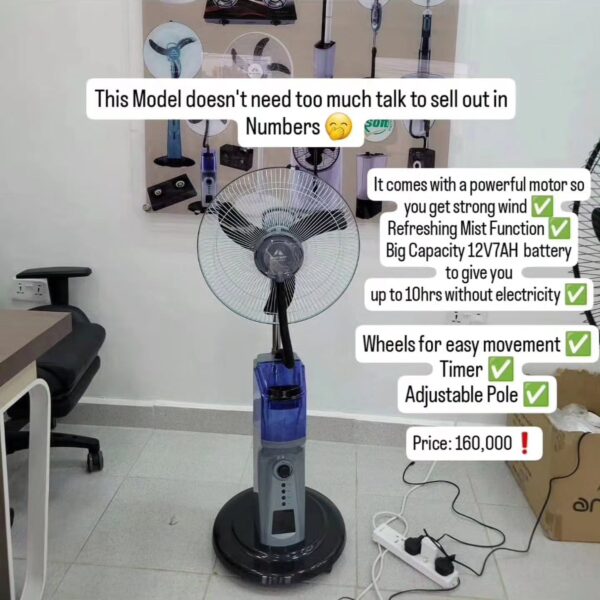 Andrakk 18” Rechargeable Mist Fan for Sale in Lagos – Up to 15 Hours Backup | Inverter & Solar Compatible