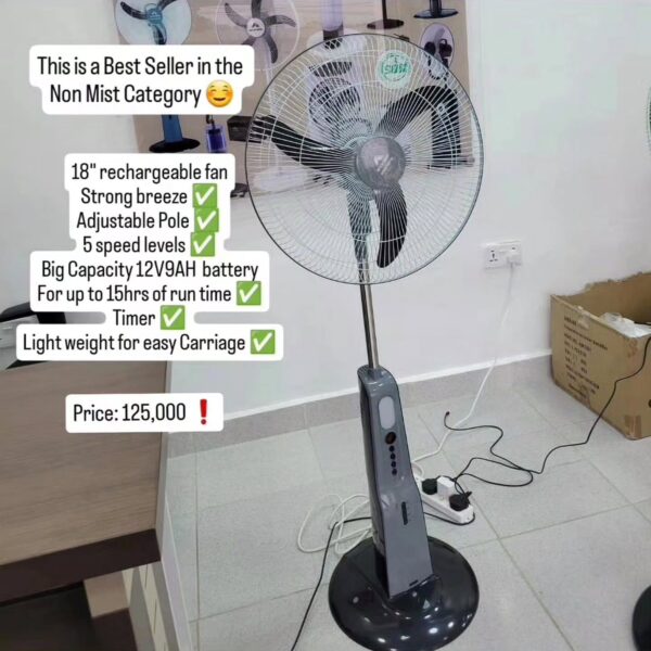Andrakk 18” Rechargeable Mist Fan for Sale in Lagos – Up to 15 Hours Backup | Inverter & Solar Compatible