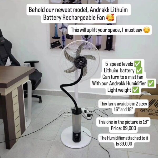 Andrakk 18” Rechargeable Mist Fan for Sale in Lagos – Up to 15 Hours Backup | Inverter & Solar Compatible