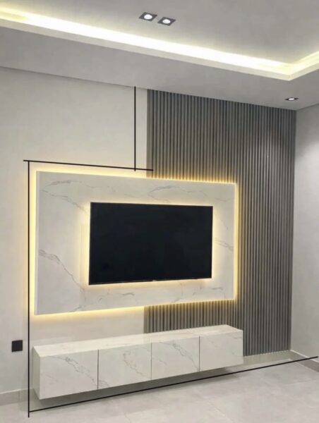 Modern TV Wall Panel with LED Light & Floating Console (8x8 ft) for Sale in Lagos