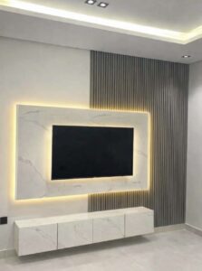 Modern TV Wall Panel with LED Light & Floating Console (8x8 ft) for Sale in Lagos